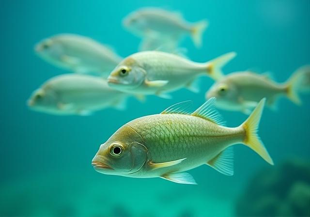 Tanque de acuicultura con doradas, algunas con una sutil marca de color verde.