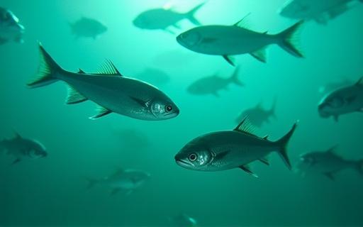 Peces en una granja de acuicultura con marcas de color.