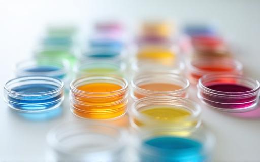 Muestras de pigmentos de varios colores en placas de petri.